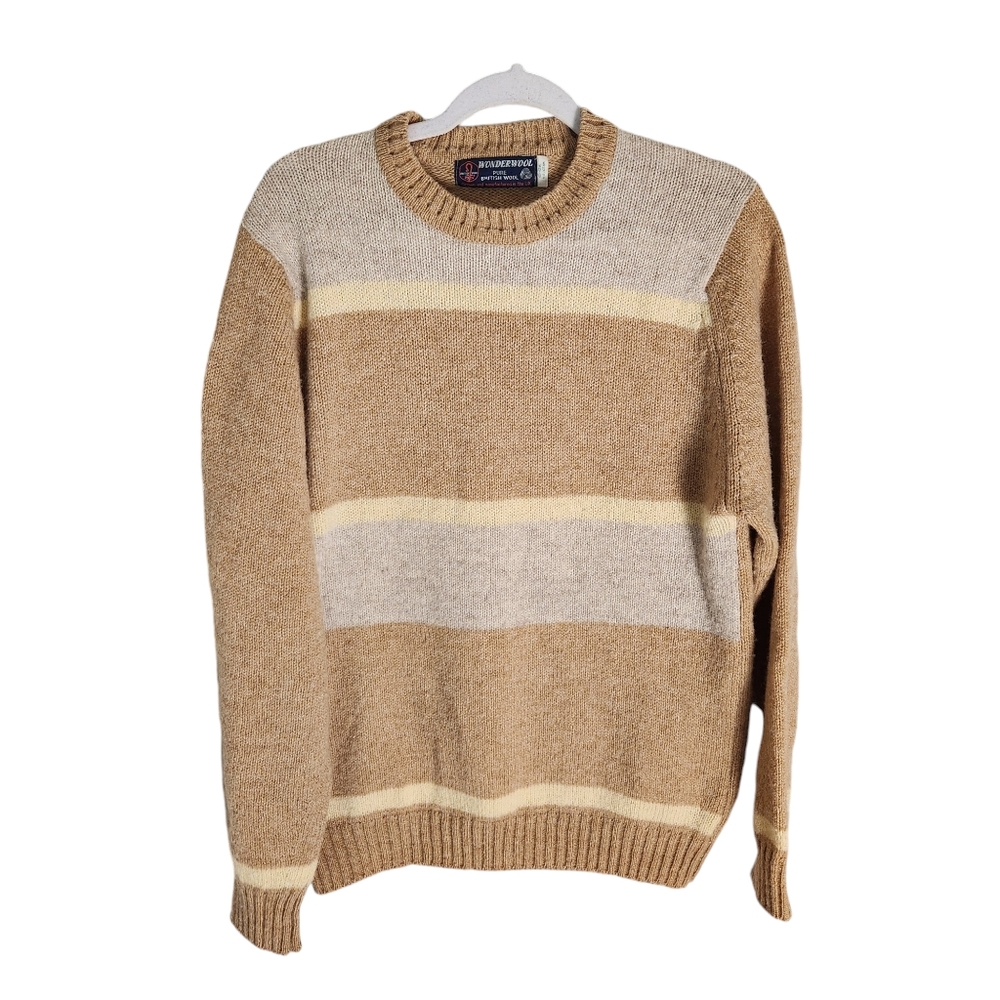 VTG Wonderwool British Wool sweater size 40-42in or XL in tans, yellow and grays